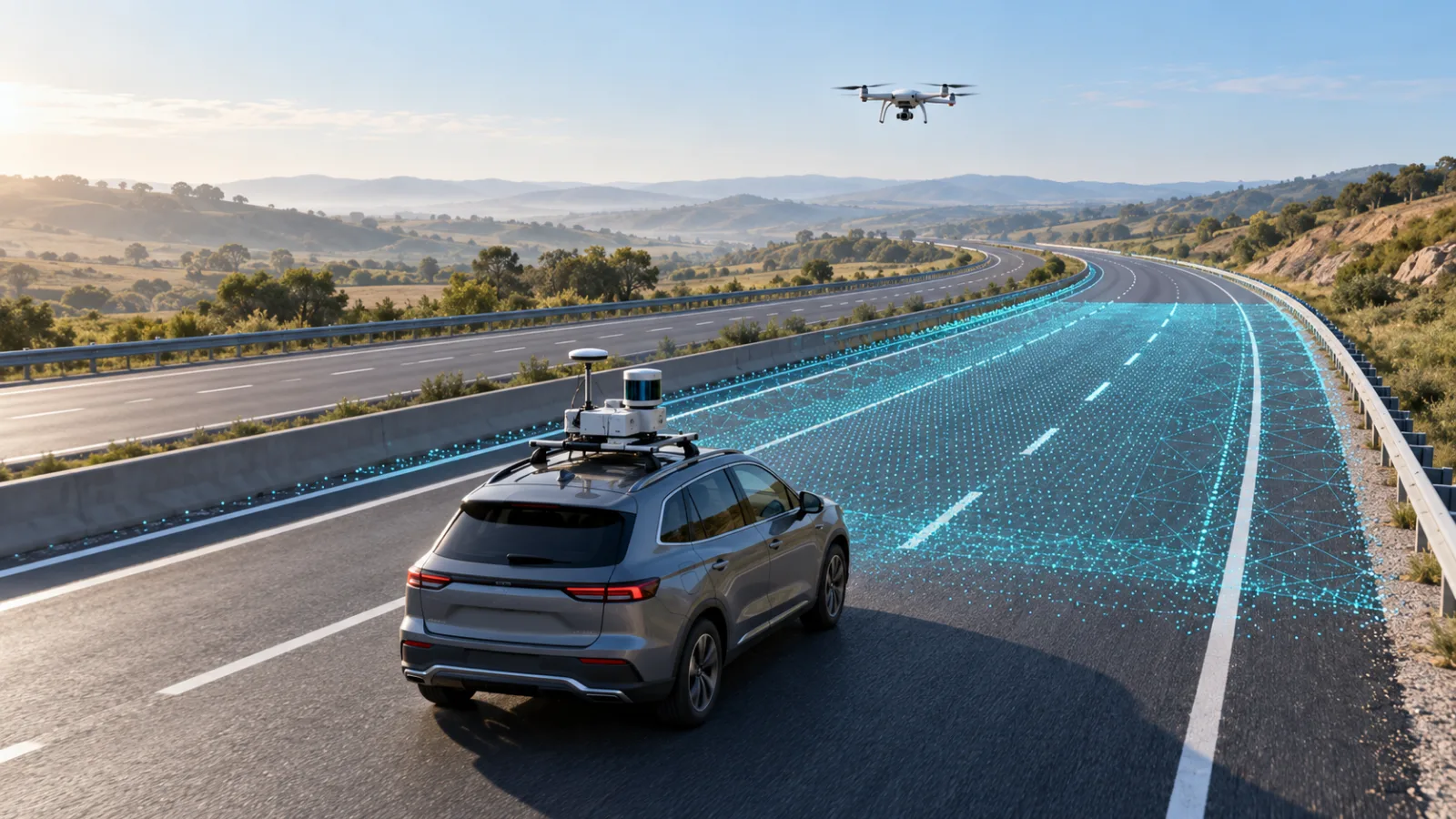 تصوّر توضيحي لمركبة Mobile Mapping وDrone فوق طريق سريع، مع تمثيل بصري لسحابة نقاط — تصوّر تعليمي مولّد بالذكاء الاصطناعي، وليس صورة لمشروع منفّذ